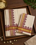 Power Loom Set Mundu (Mundu Neriyathum) – Red & Gold Temple Design - SMPKN012