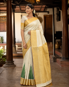 Pure Handloom Big Golden Border Green Temple Design Saree with Running Blouse - SRHKL028