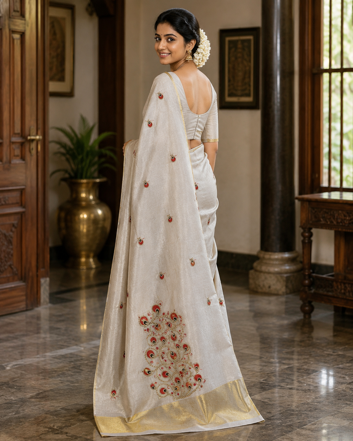 Elegant Tissue Saree with peacock design - Red and golden - SRPKL041
