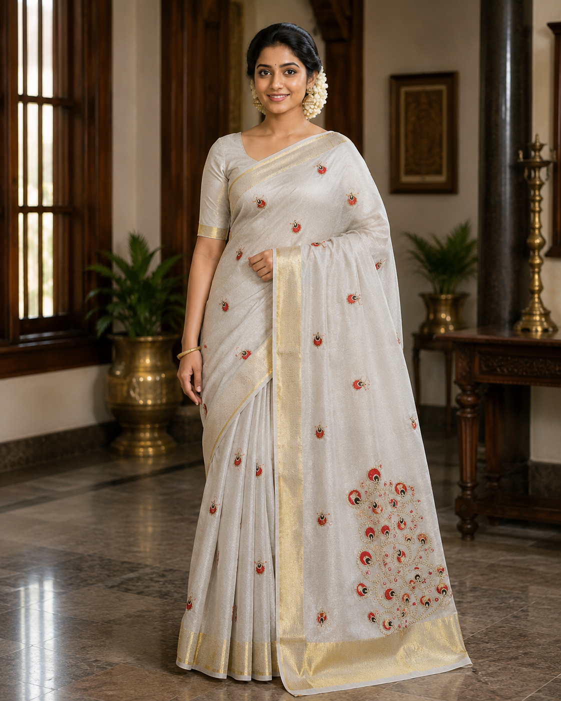 Elegant Tissue Saree with peacock design - Red and golden - SRPKL041