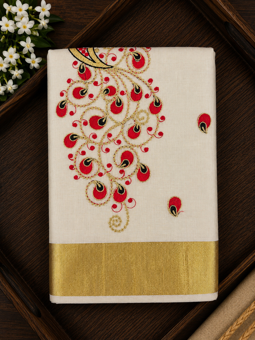Elegant Tissue Saree with peacock design - Red and golden - SRPKL041