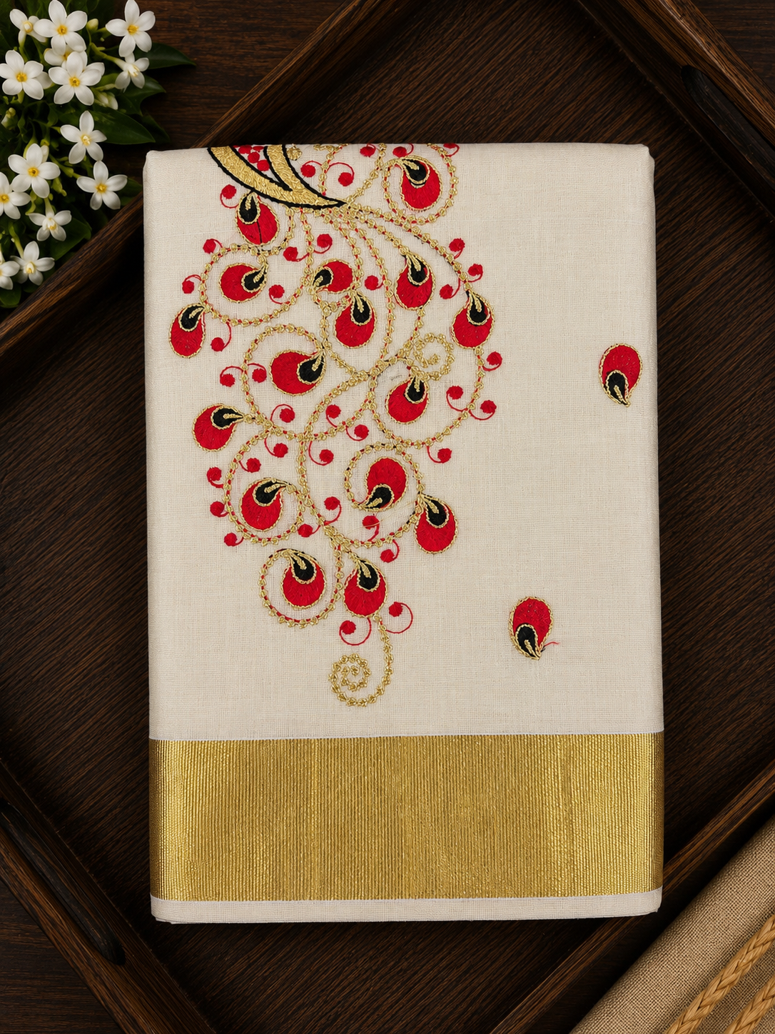 Elegant Tissue Saree with peacock design - Red and golden - SRPKL041