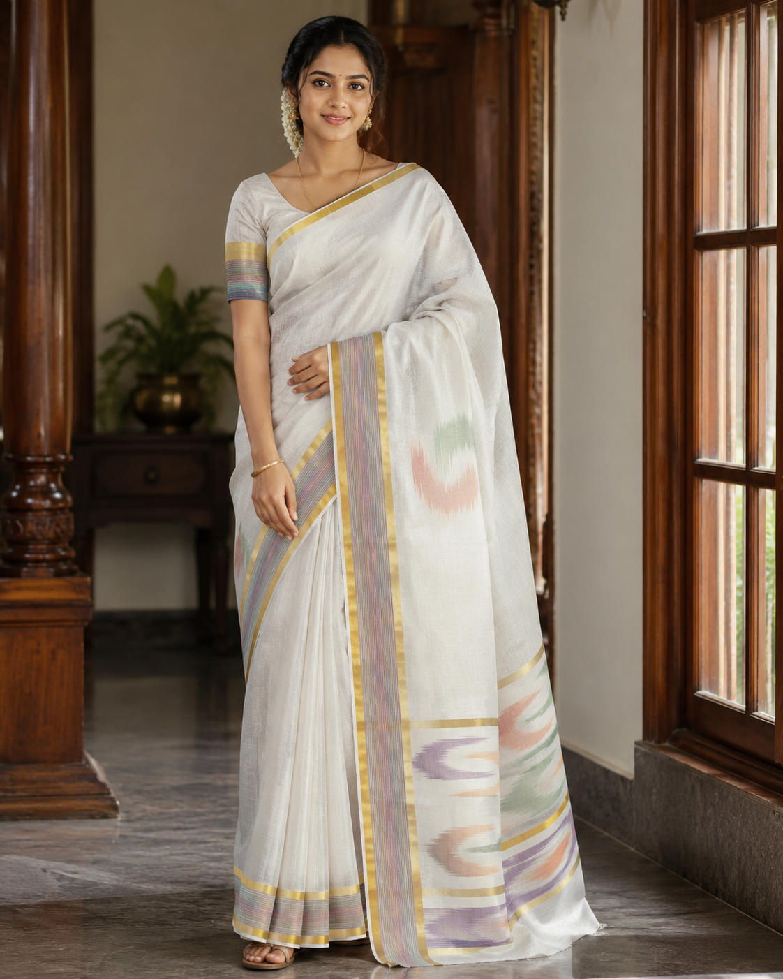 Elegant Tissue finish Saree with abstarct colour patterns and multi colour border - SRPKL042