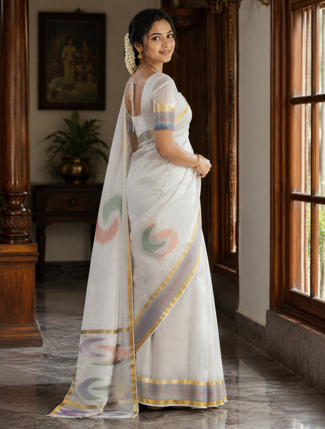 Elegant Tissue finish Saree with abstarct colour patterns and multi colour border - SRPKL042