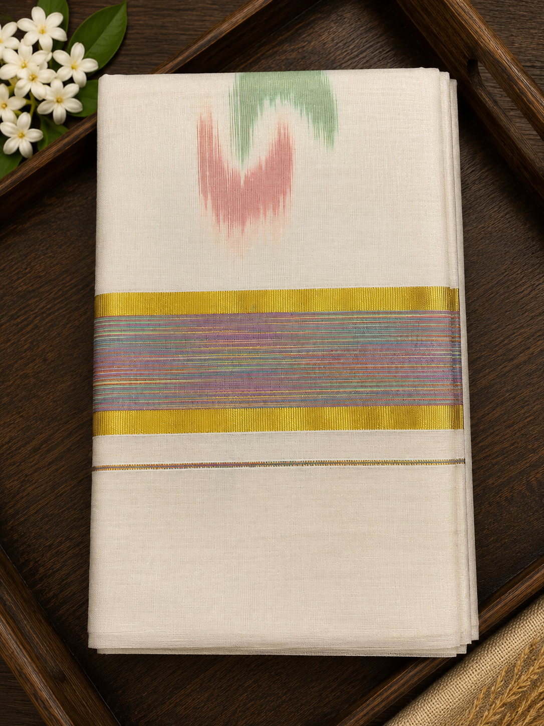 Elegant Tissue finish Saree with abstarct colour patterns and multi colour border - SRPKL042