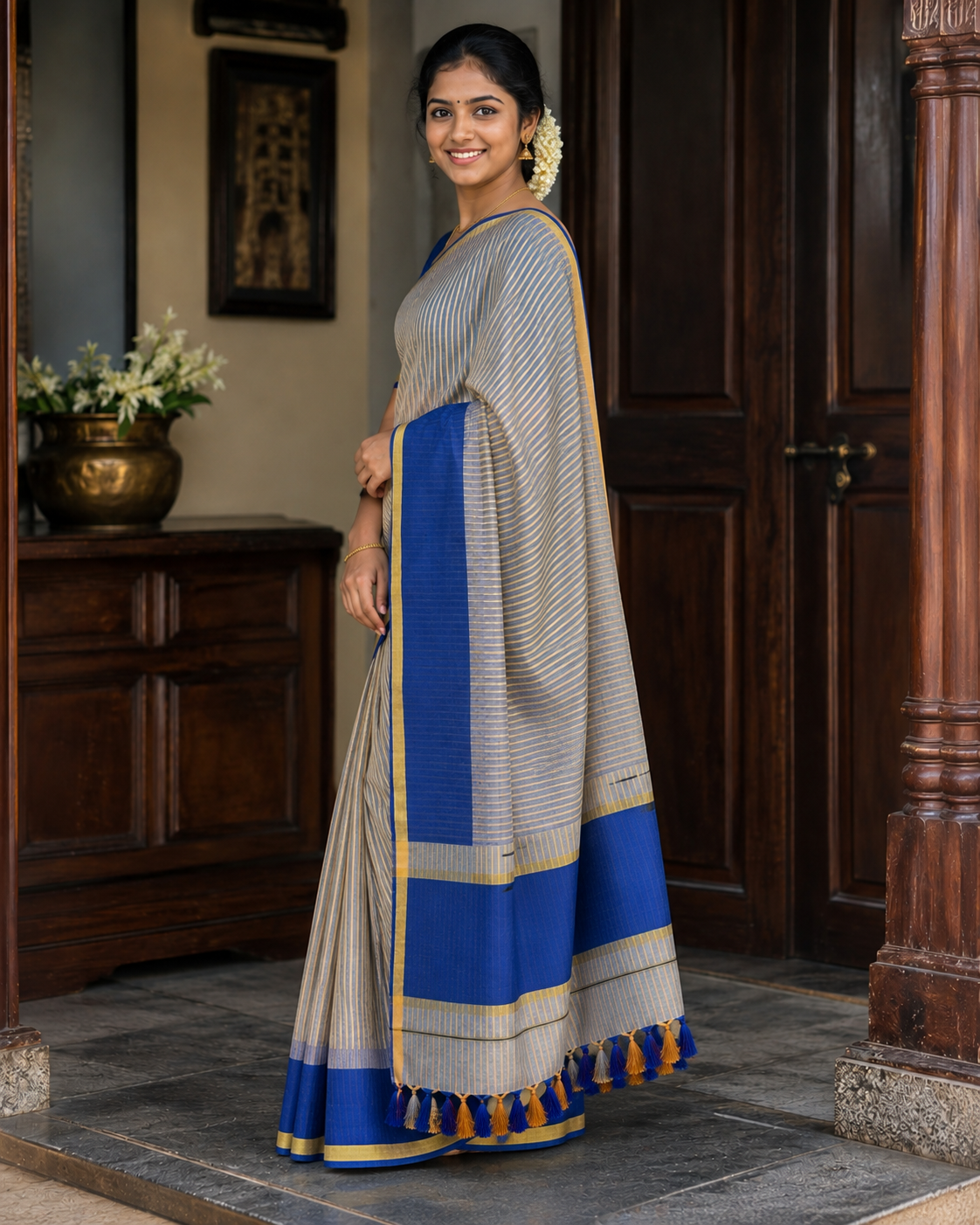 Elegant Tissue Saree with green Border and stripes - SRPKL043