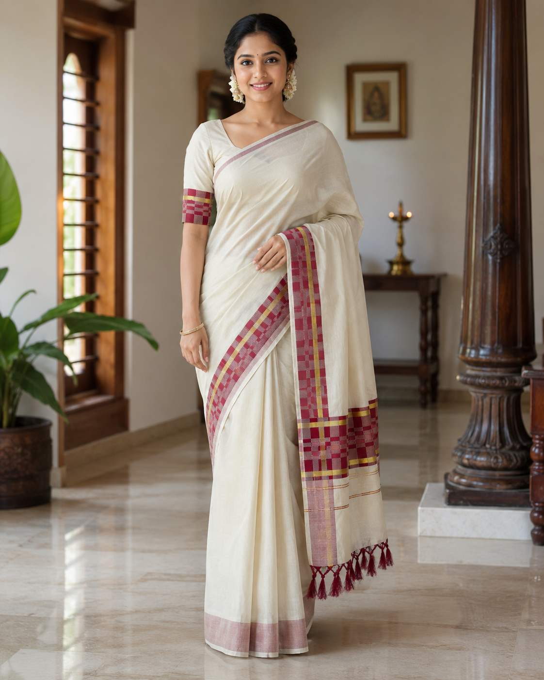 Elegant Tissue Saree with Deep blue border and Tassels - SRPKL045