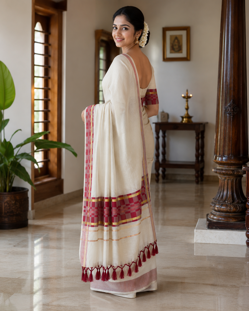 Elegant Tissue Saree with Deep blue border and Tassels - SRPKL045