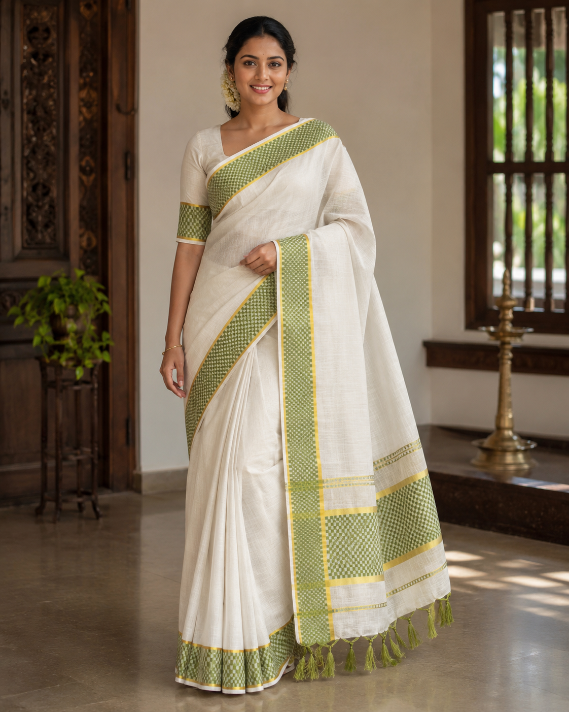 Tissue Saree with Green and Golden Kasavu Border - SRPKL046