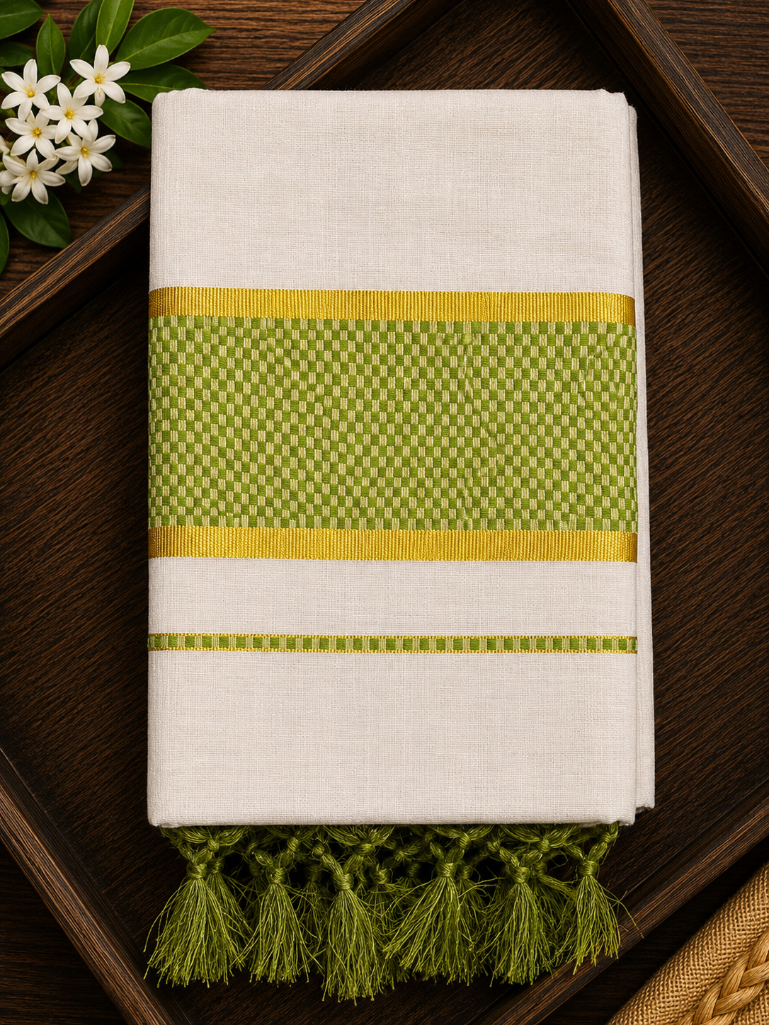 Tissue Saree with Green and Golden Kasavu Border - SRPKL046