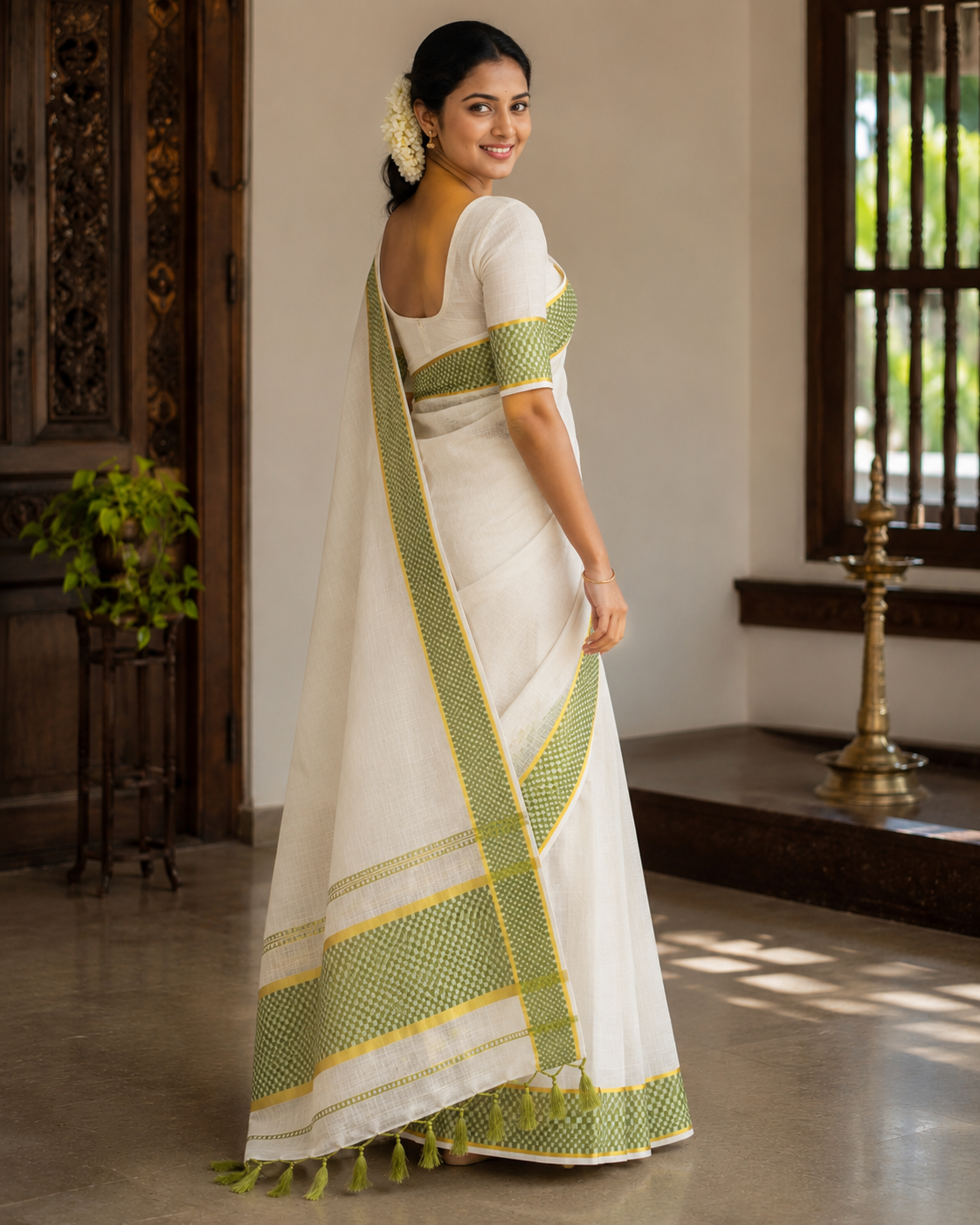 Tissue Saree with Green and Golden Kasavu Border - SRPKL046