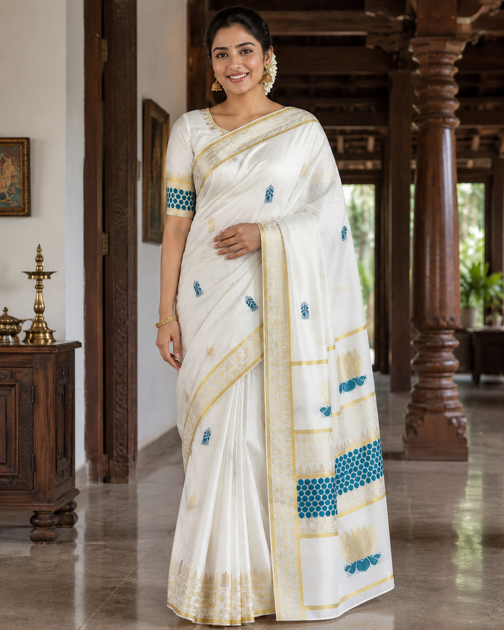 Cotton Saree with Lotus Polka & Temple Design - SRPKL047