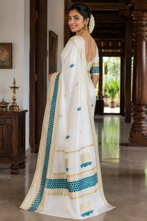Cotton Saree with Lotus Polka & Temple Design - SRPKL047
