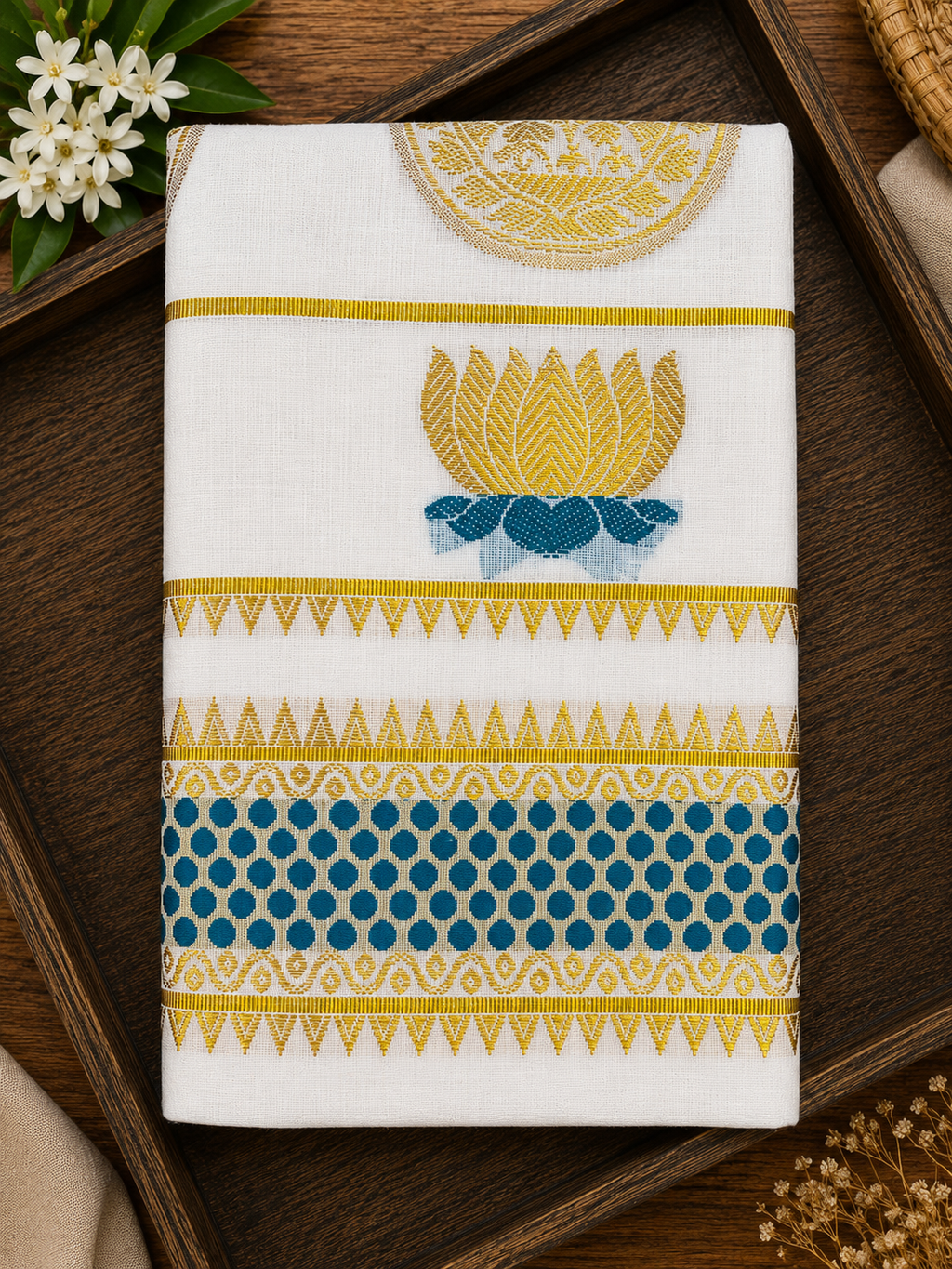 Cotton Saree with Lotus Polka & Temple Design - SRPKL047