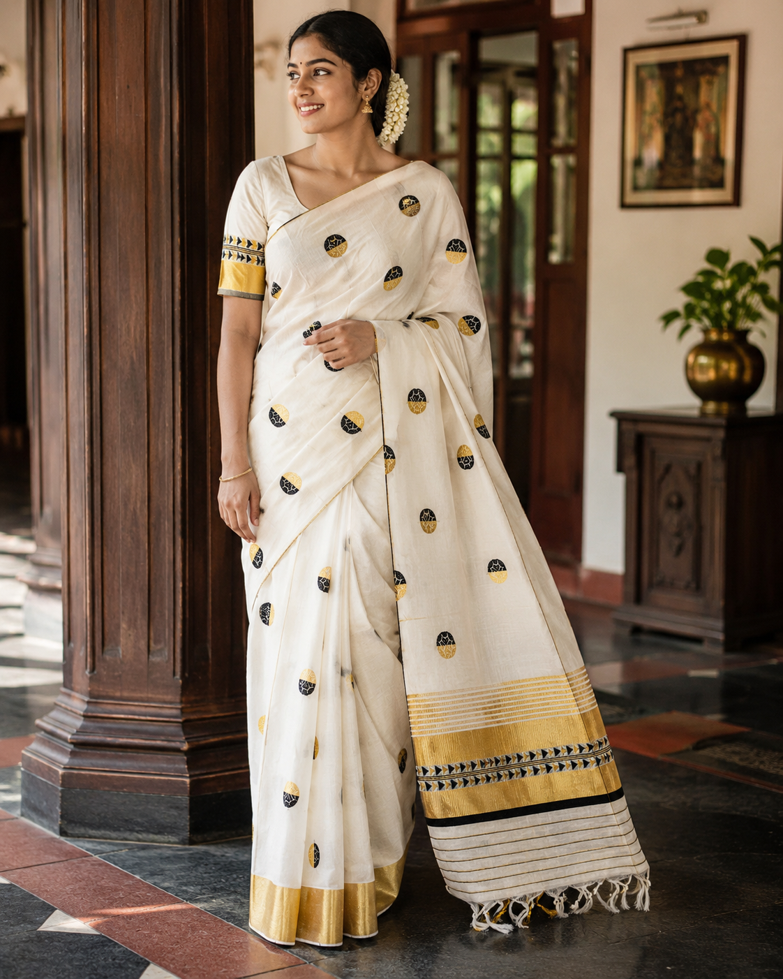 Premium Handloom Saree with Polka Dots & Temple Design - SRHKL031