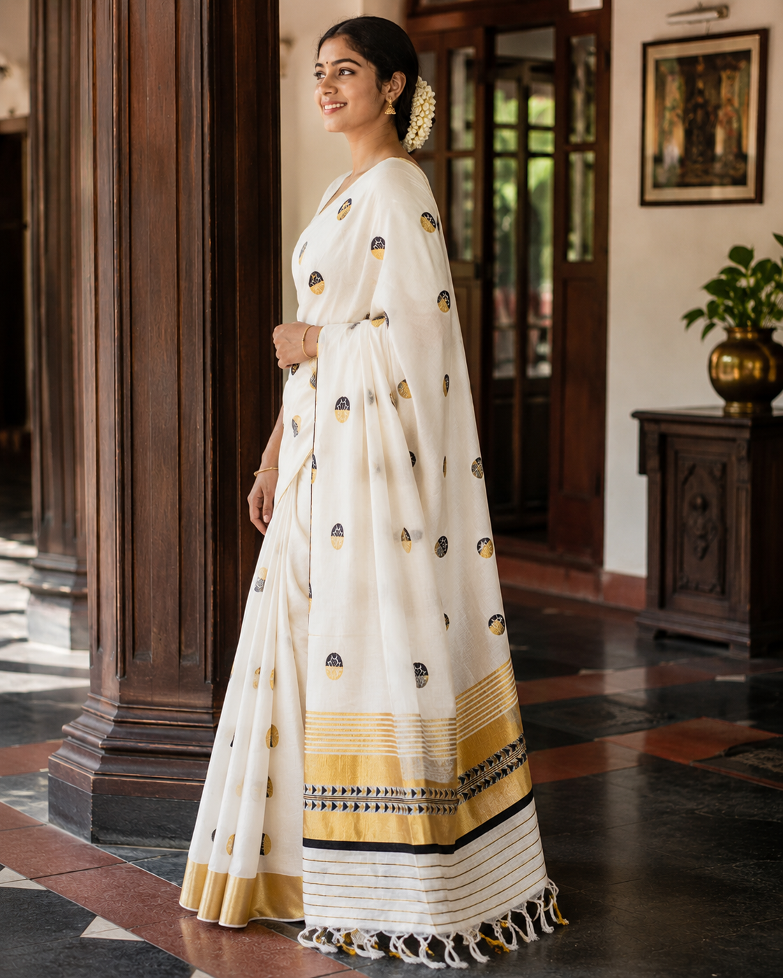 Premium Handloom Saree with Polka Dots & Temple Design - SRHKL031