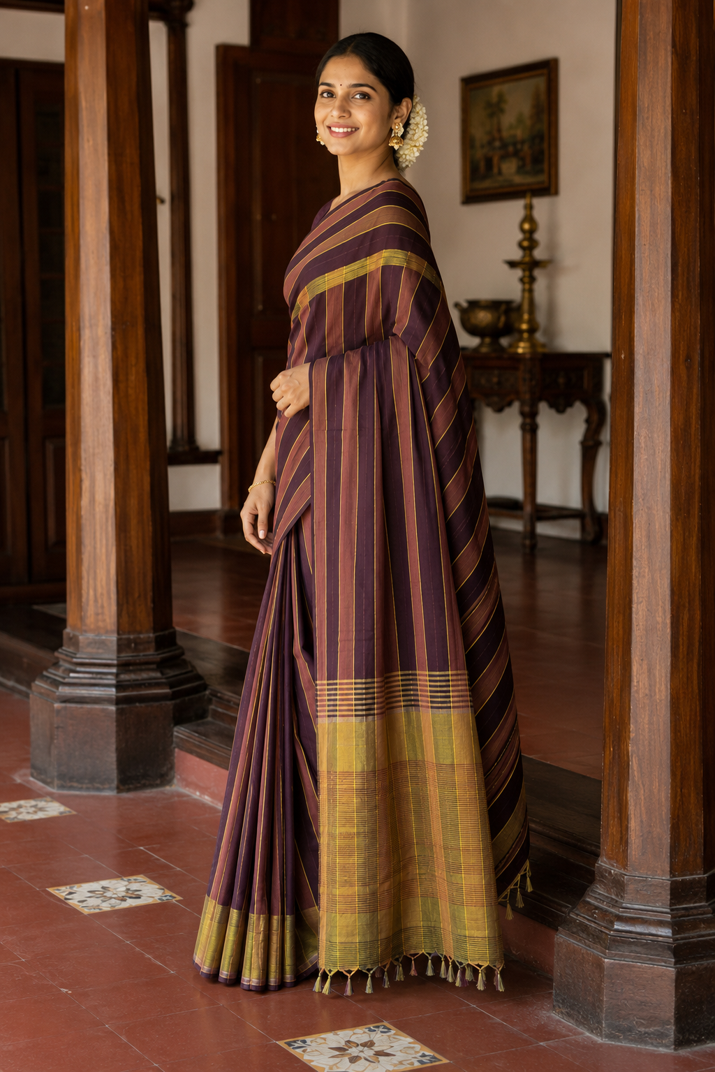 Pure Handloom Saree with Coffee Brown and Kasavu Stripes - SRHKL032