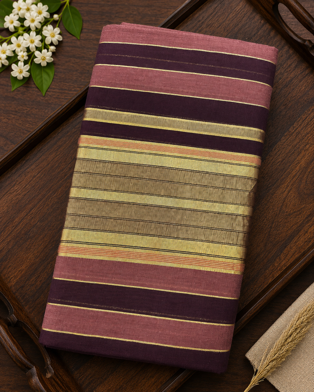 Pure Handloom Saree with Coffee Brown and Kasavu Stripes - SRHKL032