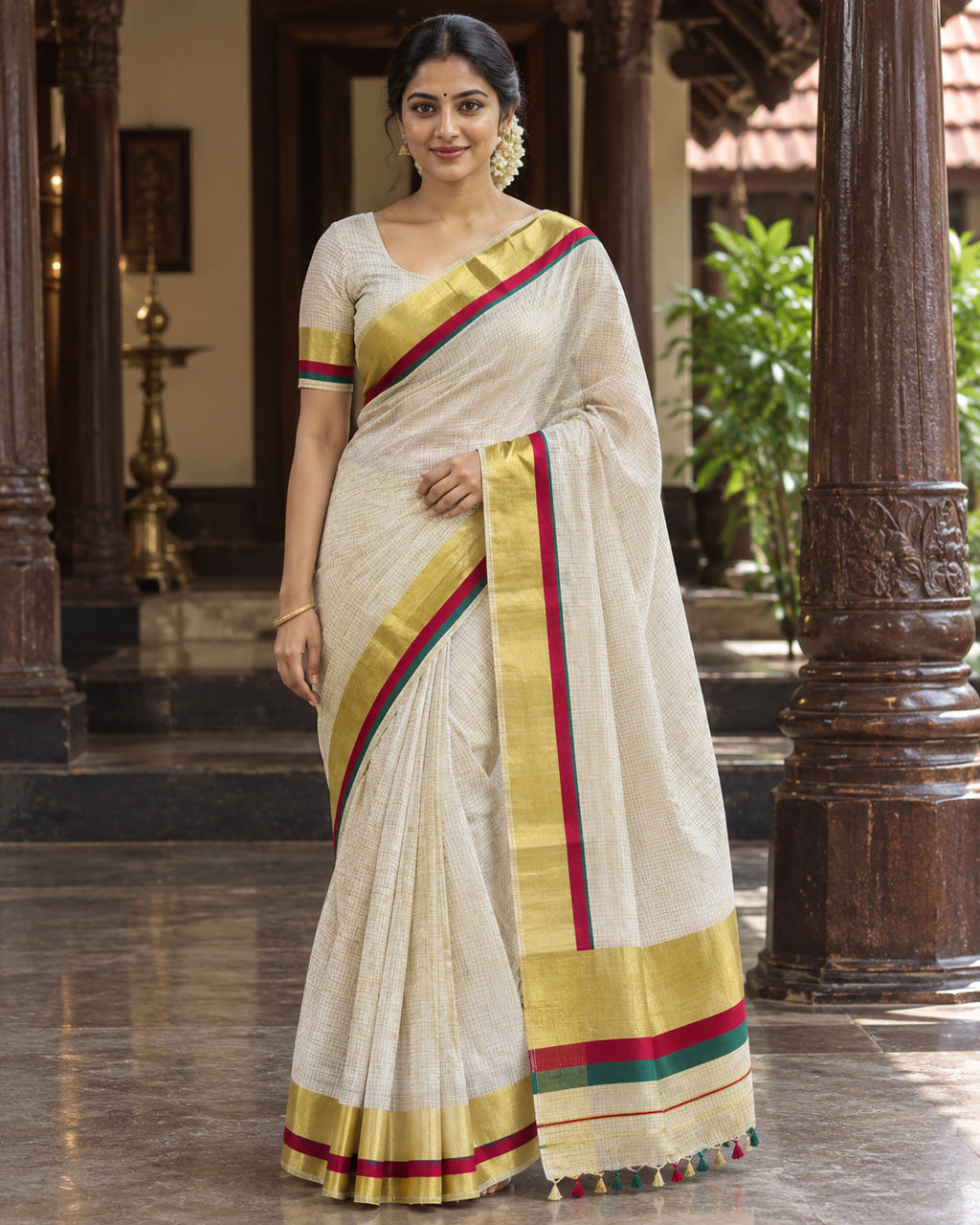 Elegant Tissue   Saree with Green, Red and Golden Kasavu Border - SRPKL036