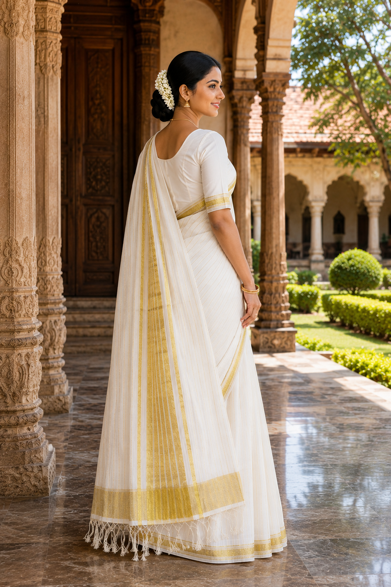 Pure Handloom Kerala Kasavu Saree with Fine Gold Stripes & Classic Kasavu Pallu - SRHKL012