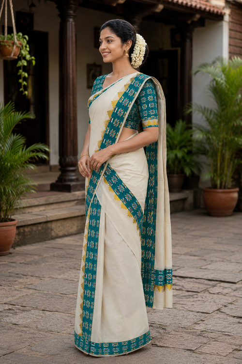 Kerala Cotton Single Set Mundu (Mundu Neriyathum) with Ajrak Print Border - SMPKL001
