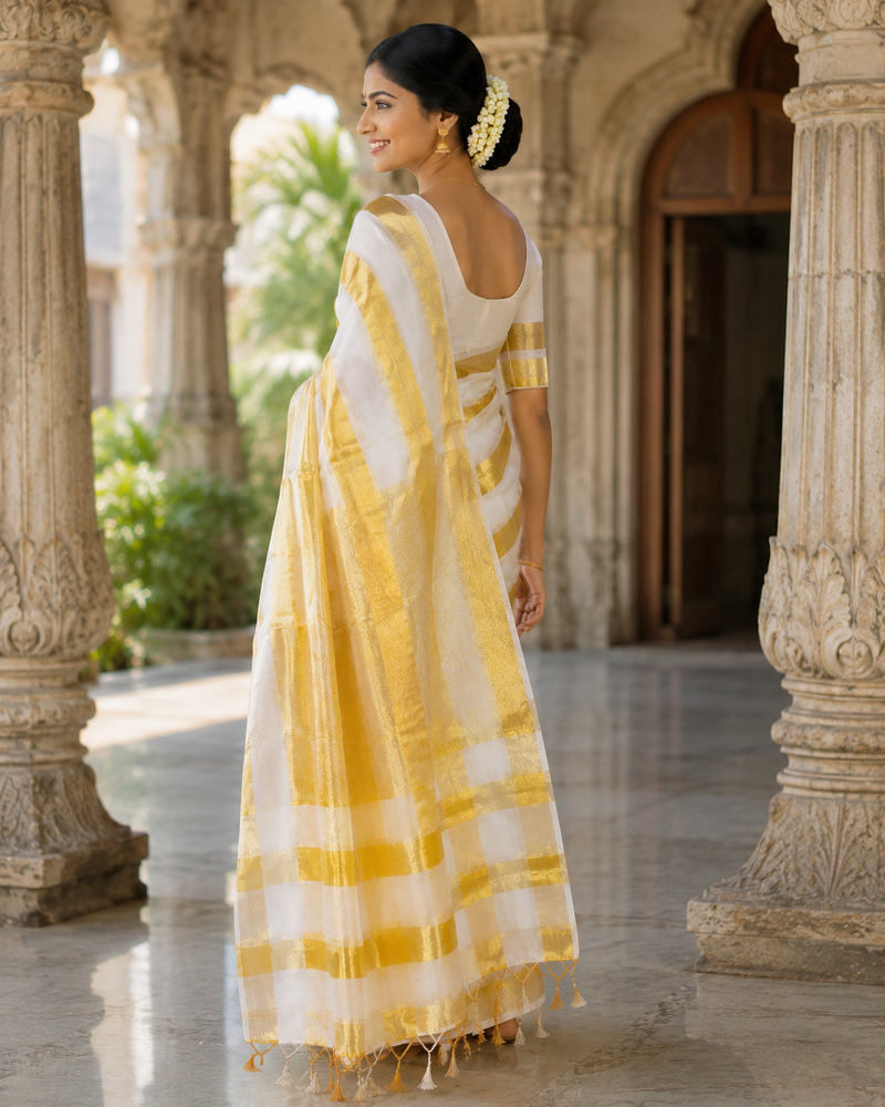 Pure Handloom Kerala Kasavu Saree with Bold Gold Stripes - SRHKL011