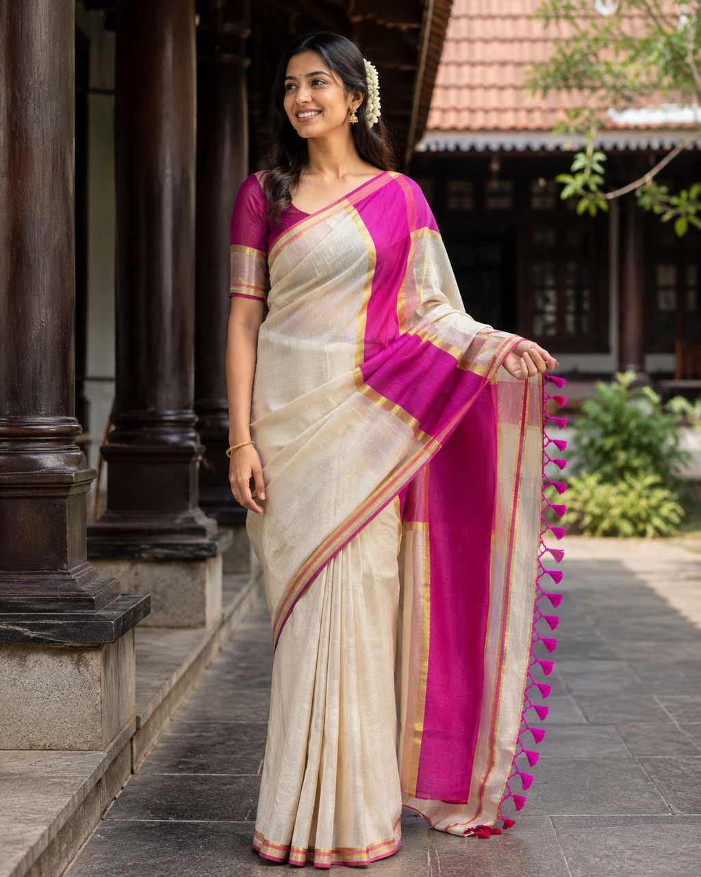Kerala Tissue Saree with Pink Border - SRPKL016