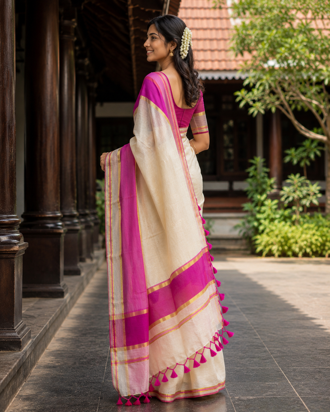 Kerala Tissue Saree with Pink Border - SRPKL016
