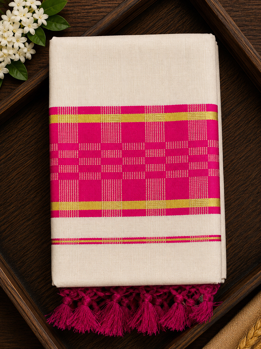 Elegant Tissue Saree with Deep blue border and Tassels - SRPKL045