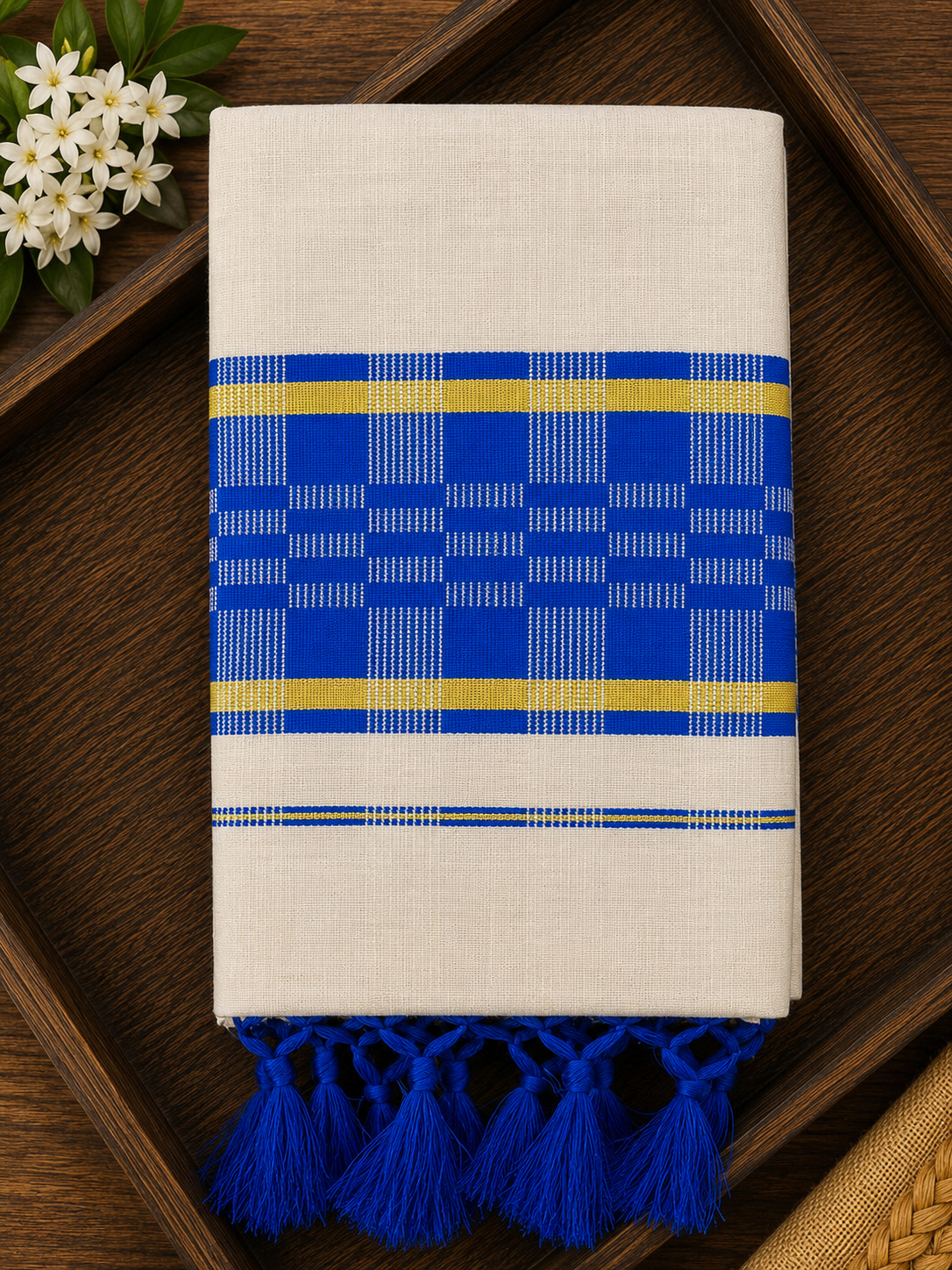 Elegant Tissue Saree with Deep blue border and Tassels - SRPKL045