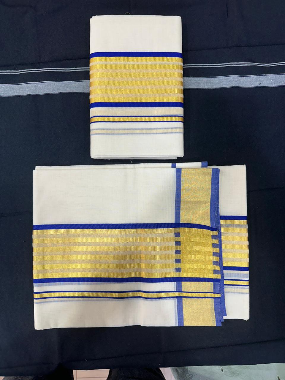 Pure Handloom Set Mundu (Mundu Neriyathum) – Blue & Gold Stripes