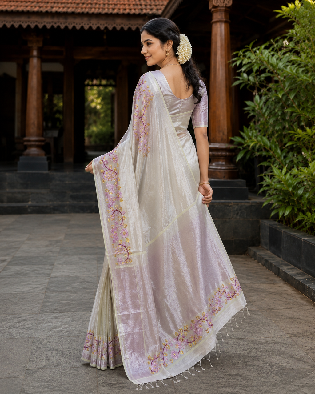 Elegant Kerala Rose Gold Tissue Saree with Peacock Thread Work