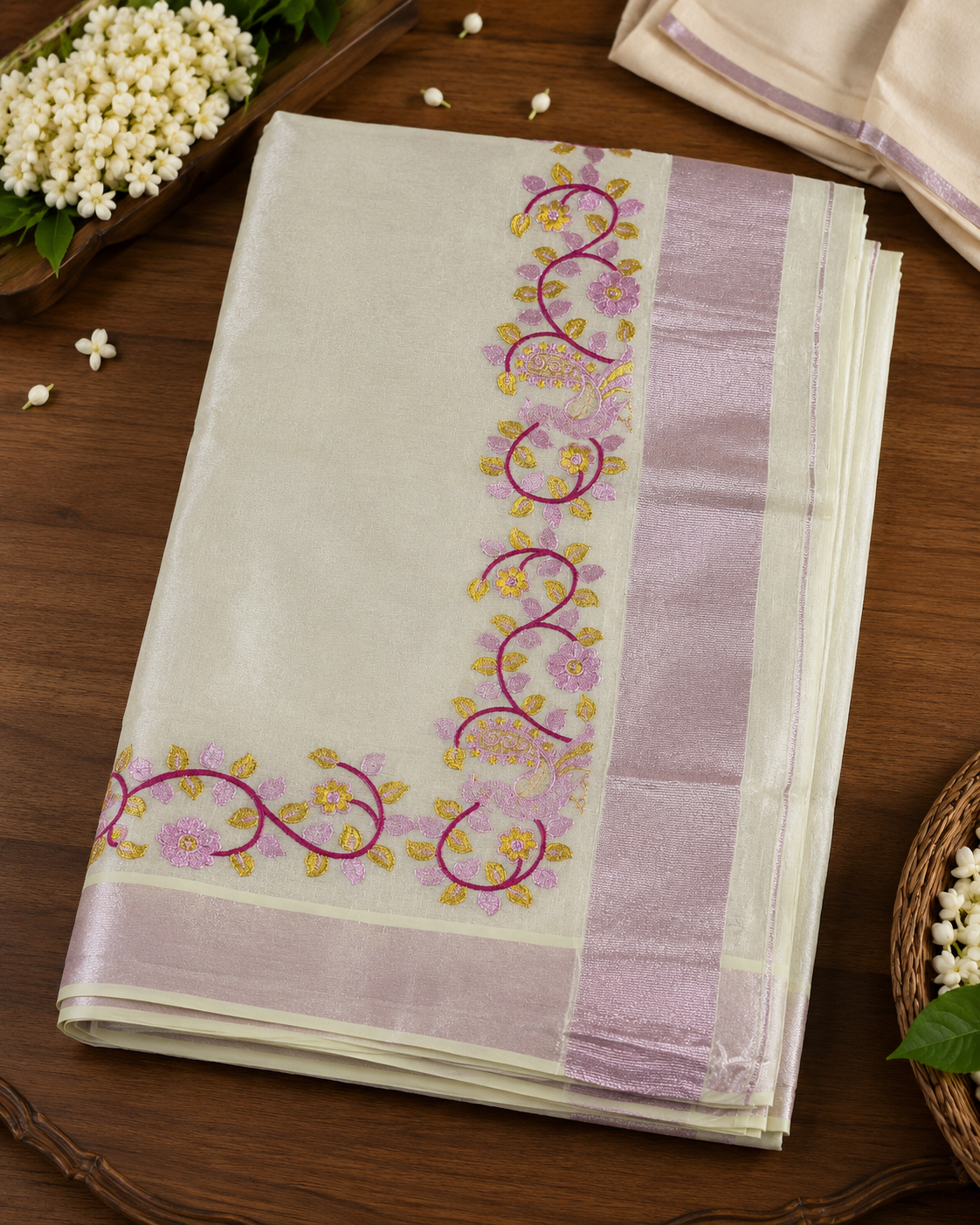 Elegant Kerala Rose Gold Tissue Saree with Peacock Thread Work