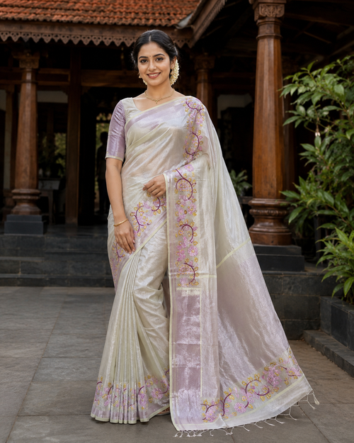 Elegant Kerala Rose Gold Tissue Saree with Peacock Thread Work