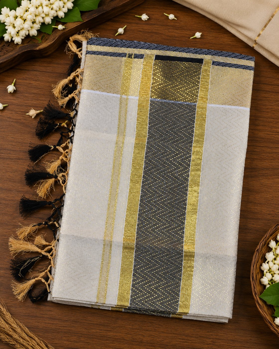 Elegant Kerala Tissue Kasavu Saree with Black Border