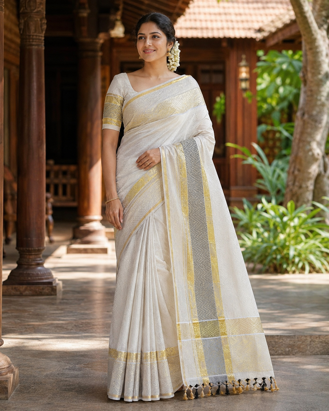 Elegant Kerala Tissue Kasavu Saree with Black Border