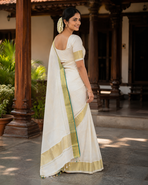 Elegant Kerala Tissue Saree with Green & Gold Check Border