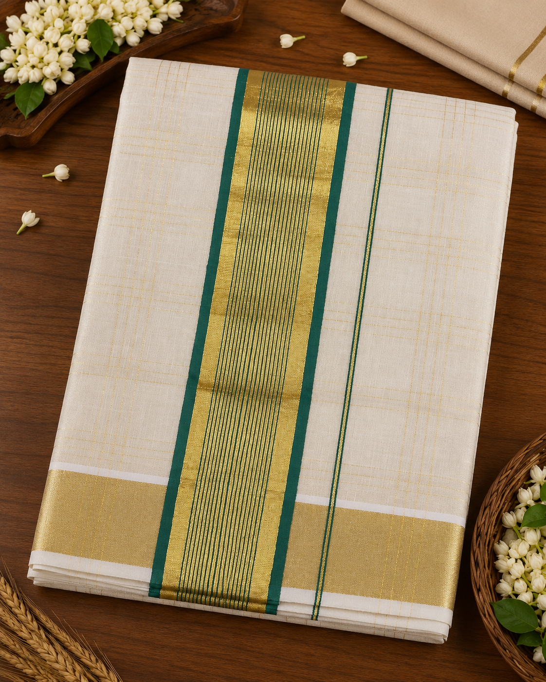 Elegant Kerala Tissue Saree with Green & Gold Check Border
