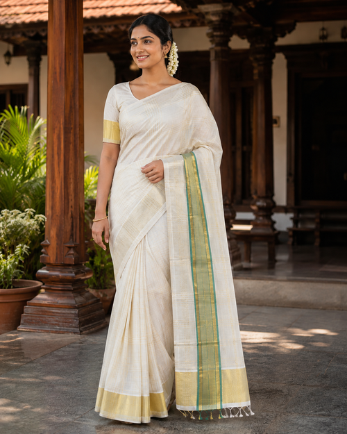 Elegant Kerala Tissue Saree with Green & Gold Check Border