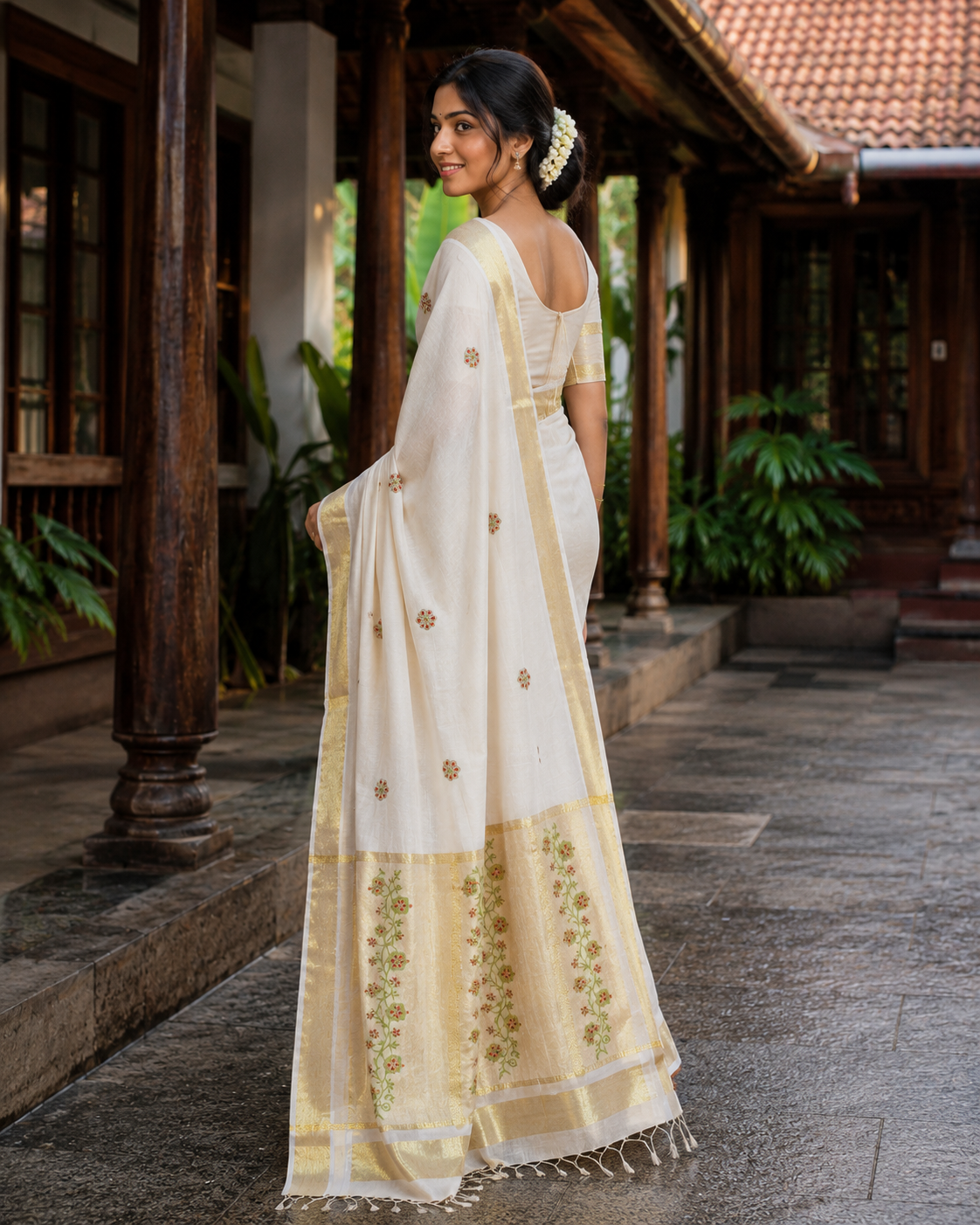 Elegant Kerala Tissue Saree with Green & Golden Floral Embroidery