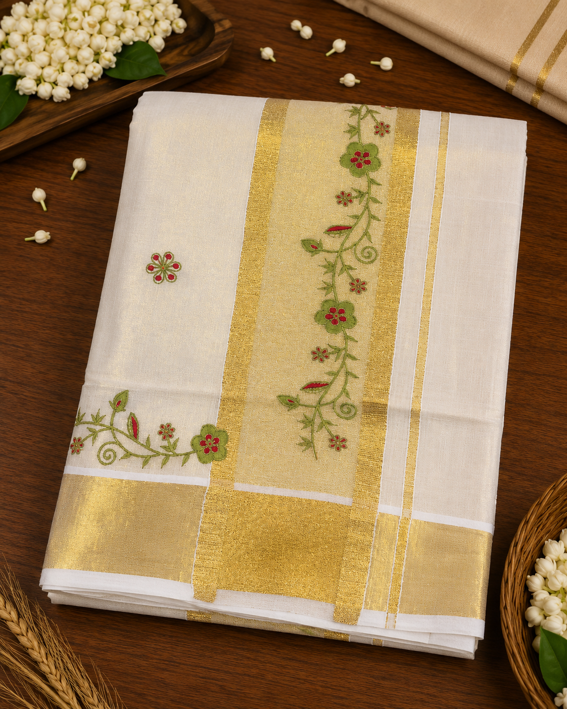 Elegant Kerala Tissue Saree with Green & Golden Floral Embroidery