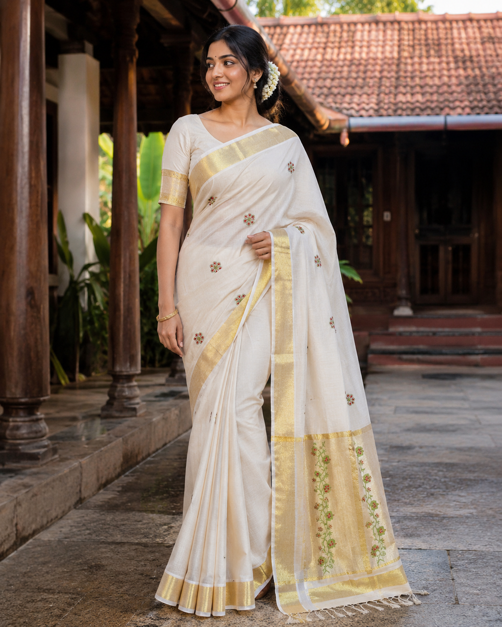 Elegant Kerala Tissue Saree with Green & Golden Floral Embroidery