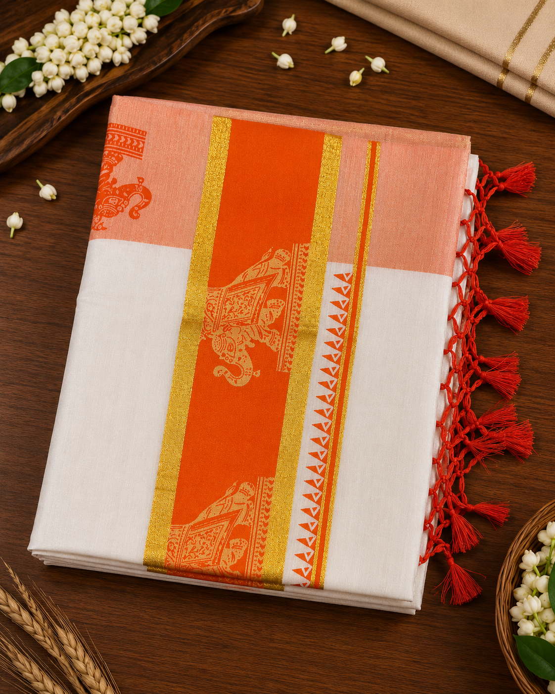 Elegant Kerala Tissue Saree with Orange Border and Elephant Print Design