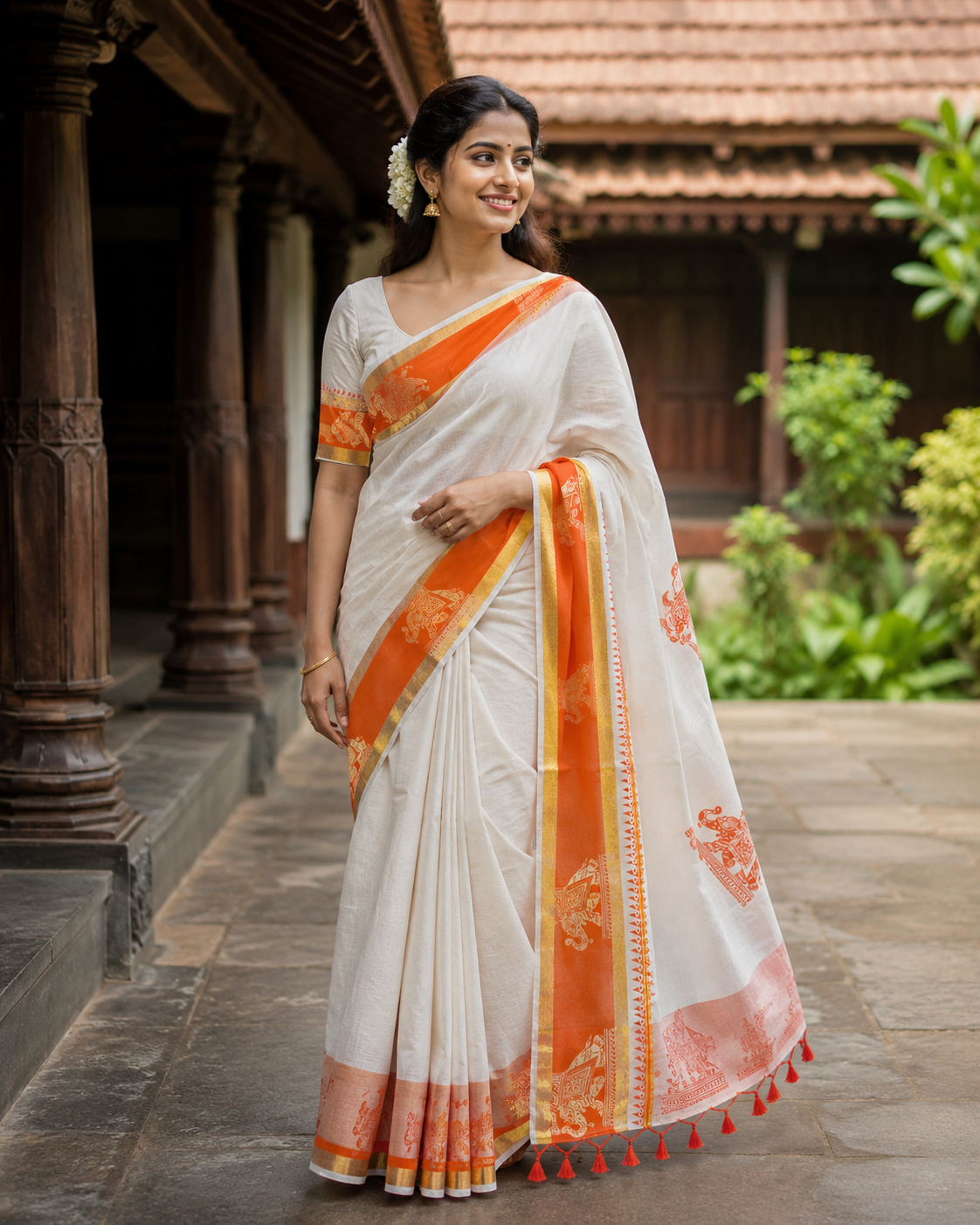 Elegant Kerala Tissue Saree with Orange Border and Elephant Print Design