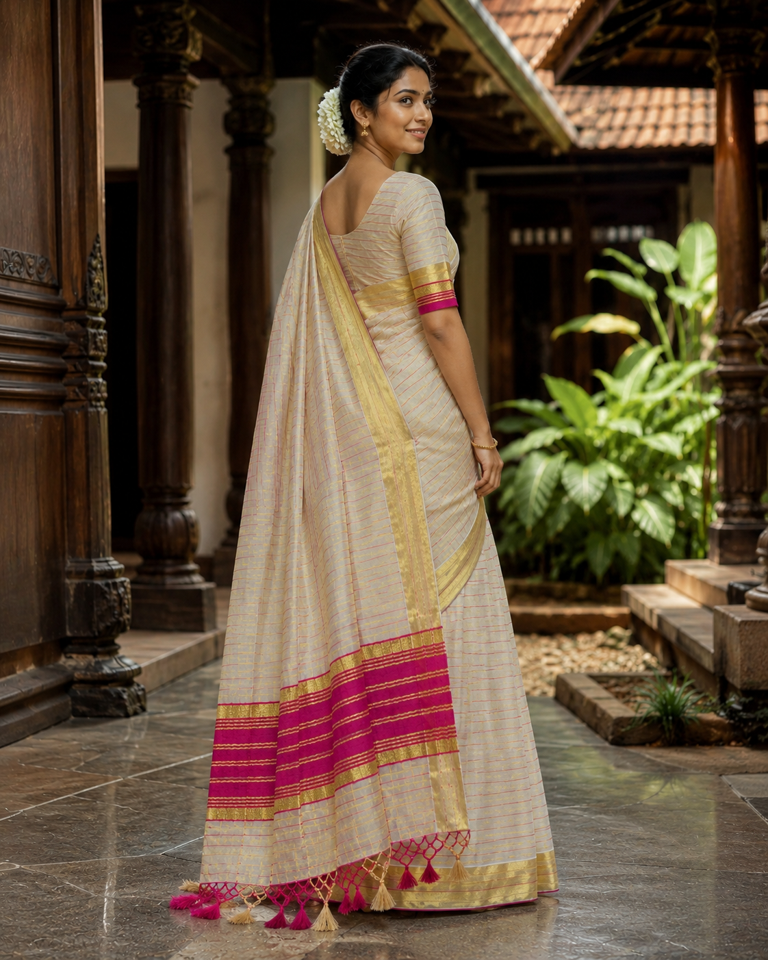 Elegant Kerala Tissue Saree with Pink & Gold Stripes