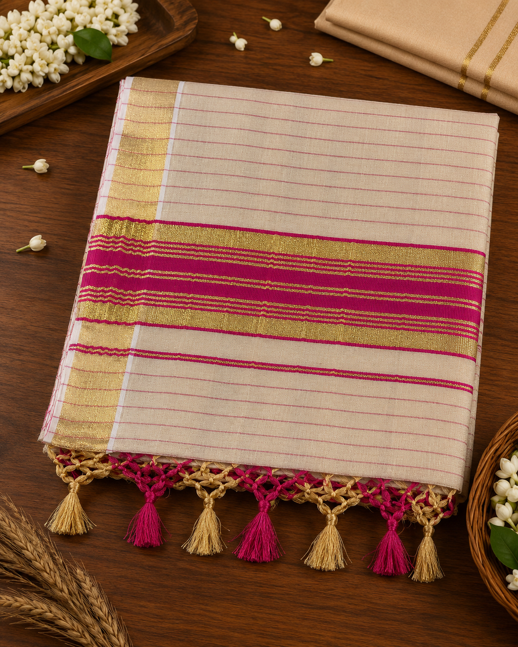 Elegant Kerala Tissue Saree with Pink & Gold Stripes
