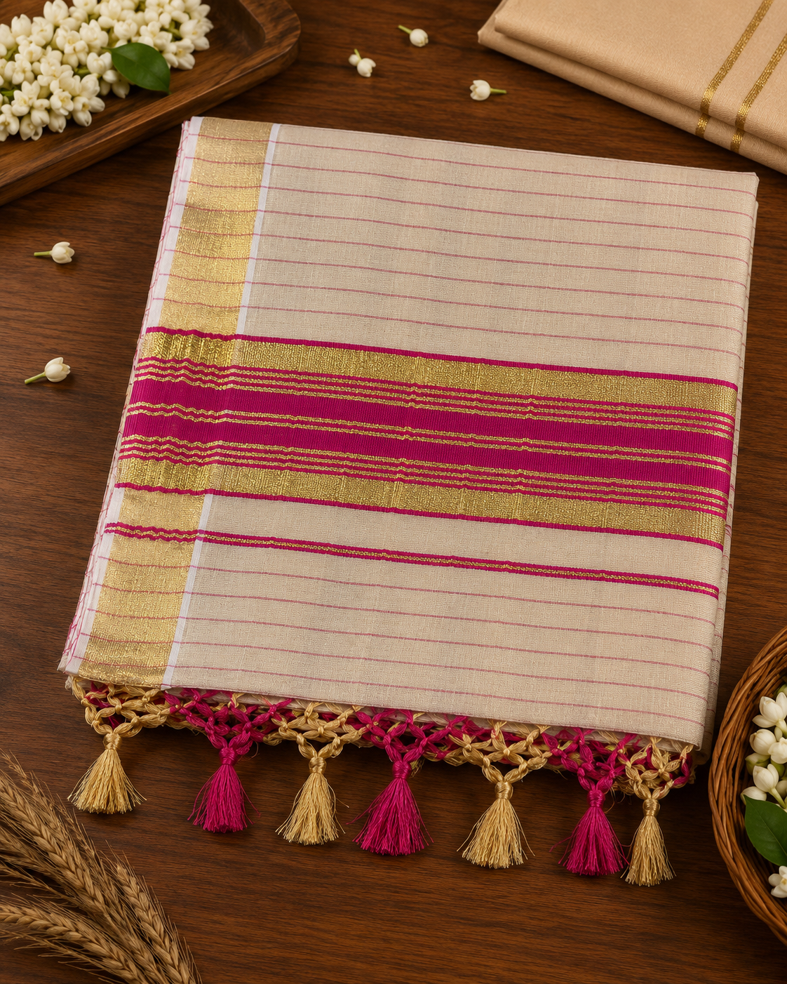 Elegant Kerala Tissue Saree with Pink & Gold Stripes