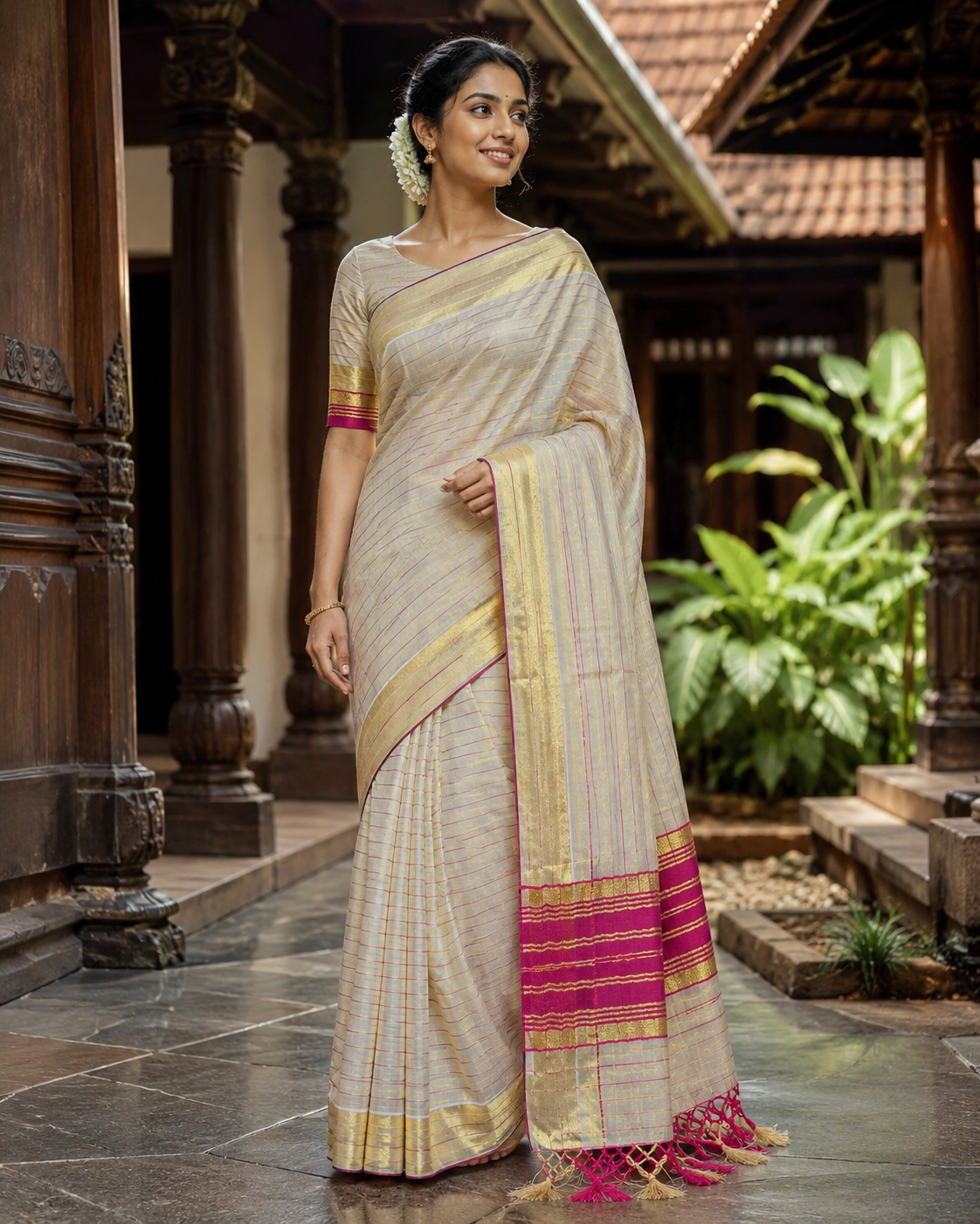 Elegant Kerala Tissue Saree with Pink & Gold Stripes