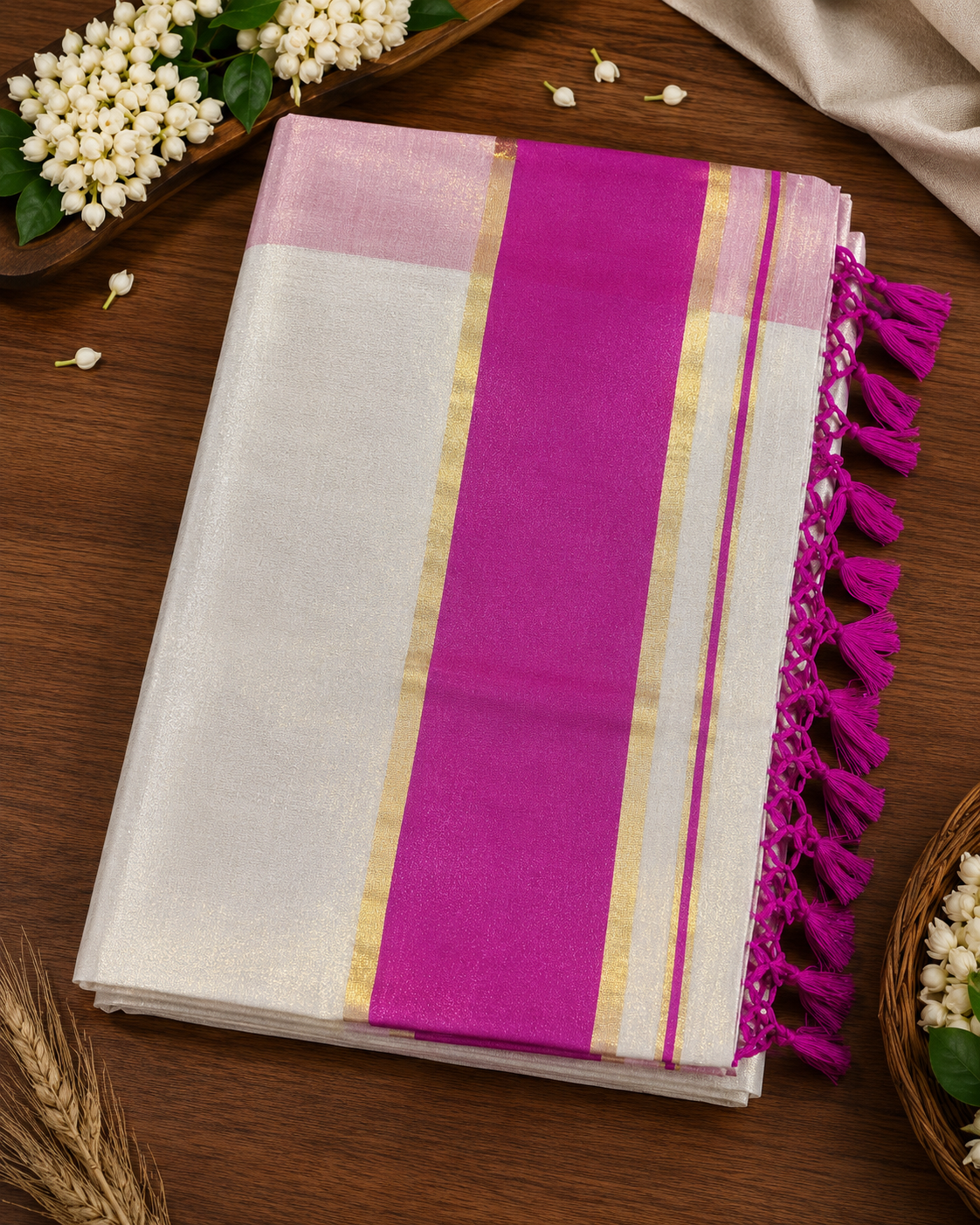 Elegant Kerala Tissue Saree with Pink Border