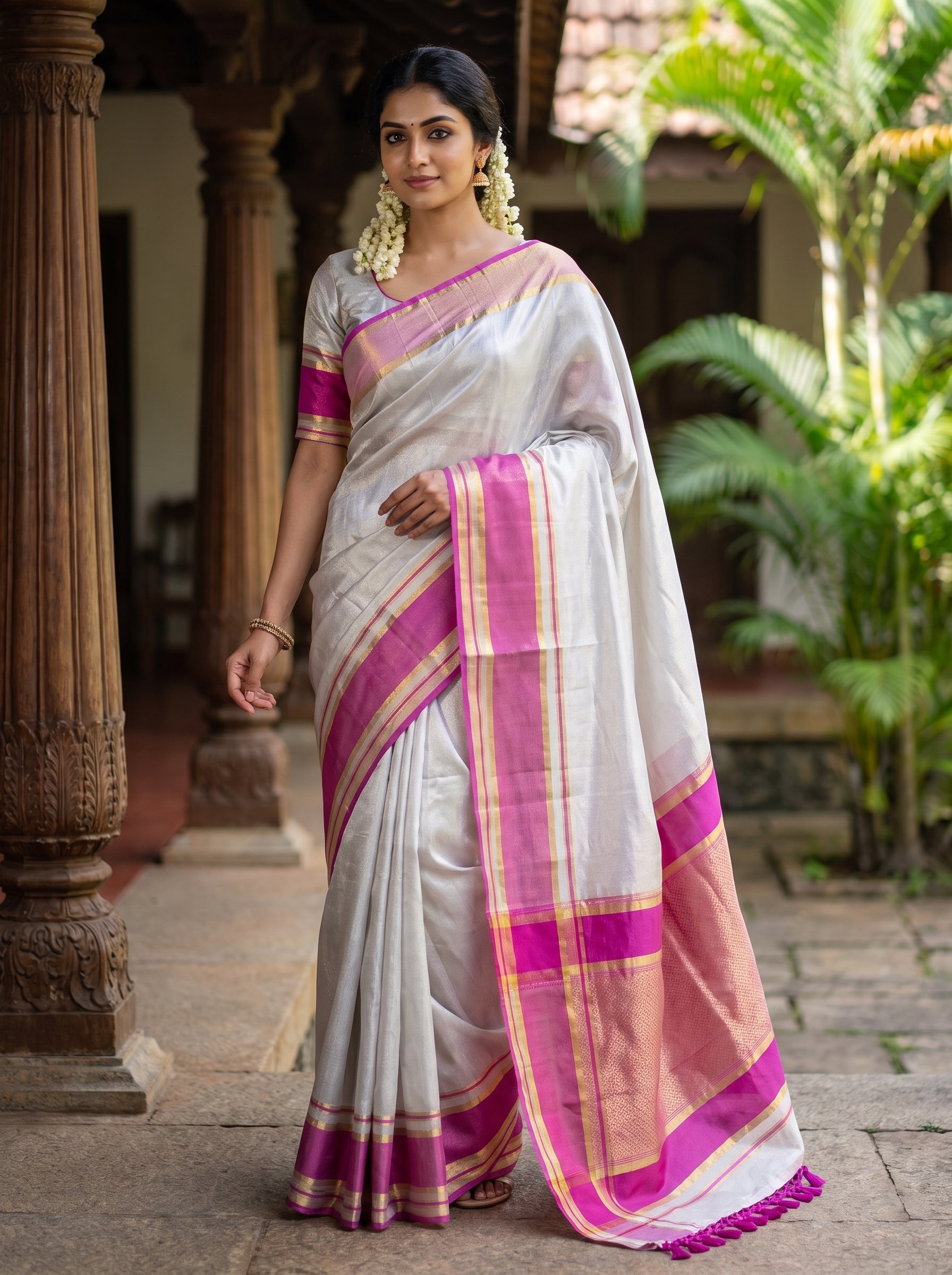Elegant Kerala Tissue Saree with Pink Border
